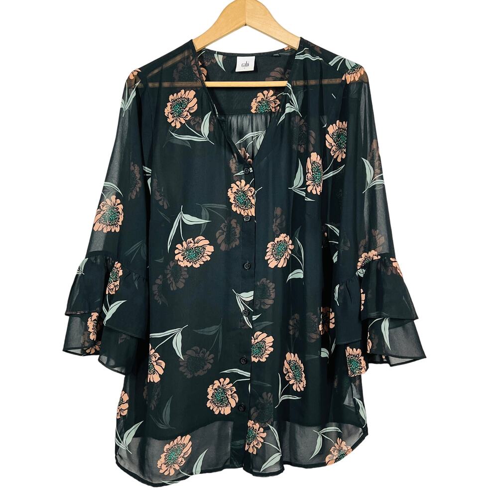 Cabi Blouse Button Up 3/4 Sleeve Floral Top Shirt Casual Black - L
